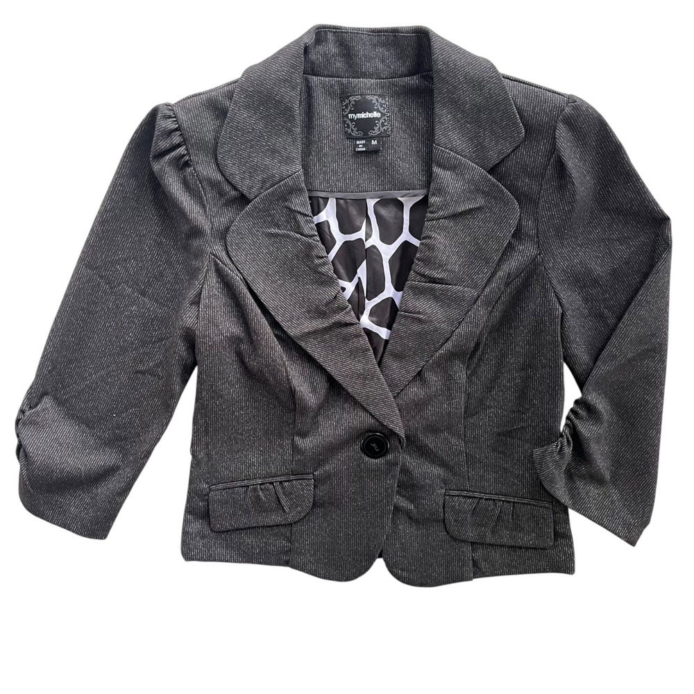 My Michelle M Gray Pinstripe 3/4 Puff Sleeves Cropped 1 Button Blazer Y2K Preppy